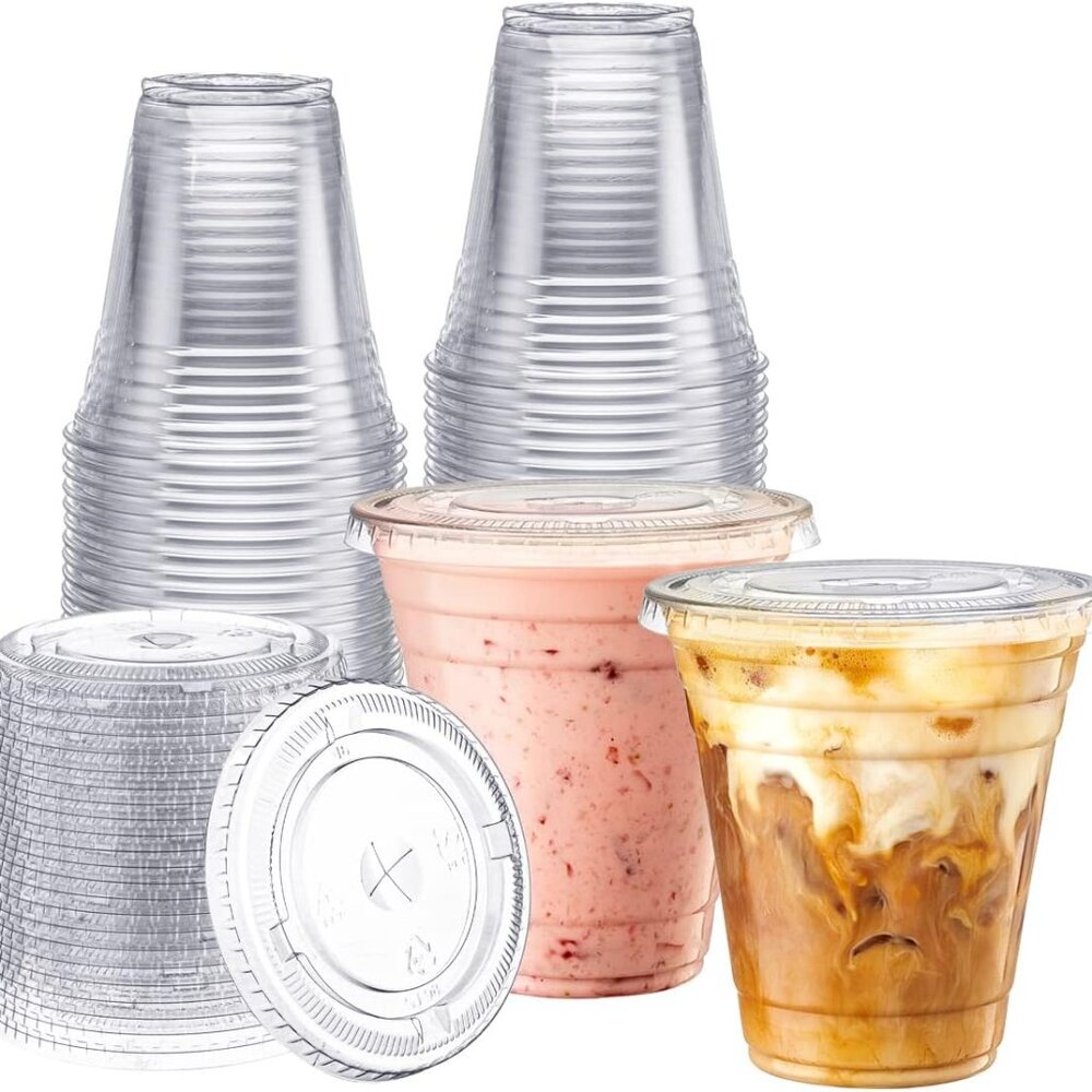 [100 Sets] 16oz Clear Plastic Cups With Lids Plus 250 Counts Paper straws FREE